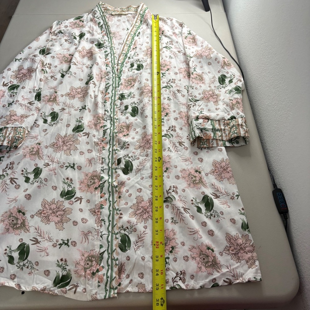 Rebellion Floral Kimono Duster Cardigan Pink Green Long Sleeve Open Front L - Picture 4 of 12